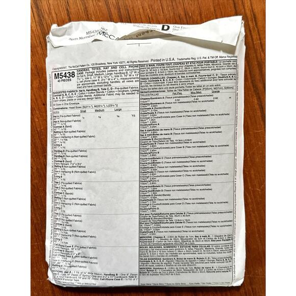 UNCUT McCall's Fashion Accessories Pattern M5438 Hat Handbag Purse Tote - Picture 2 of 2